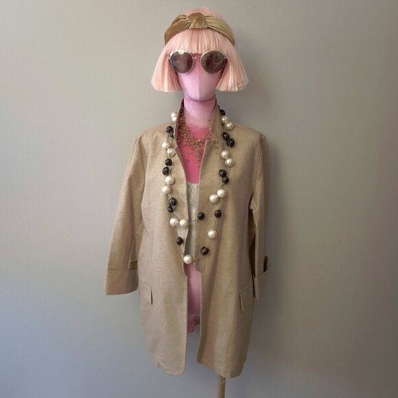 NWT Saiph gold tone metallic sheen shimmer tan camel brown open front blazer, L - Picture 1 of 10